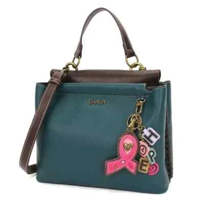 NEW Chala Satchel Crossbody Tote Turquoise Blue Pleather PINK RIBBON Cancer gift - Image 1 of 4