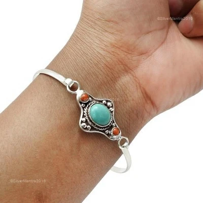 Kehle Chakra Koralle Edelstein 925 Silber Geburtstag Ethnisch Hochzeit Armband - Bild 1 von 4