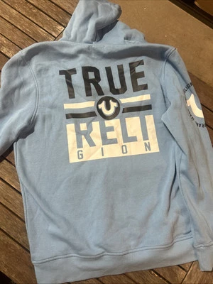 Moletom com capuz True Religion azul bebê grande zíper completo logotipo TR - Imagem 1 de 4