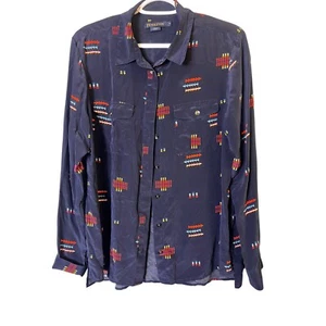 Pendleton Silk Button Down Shirt Aztec Rare Chief Joseph Navy Print Blouse Top M - Picture 1 of 7
