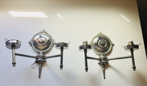 PAIR Vintage Two Socket Wall Sconce in Silver Tone Metal for Restoration Cover