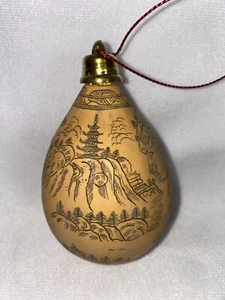VTG Hand Etched Wooden Gourd, Asian Art, Christmas Ornament Authentic, Hollowed - Picture 1 of 15