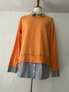 Crown & Ivy Sweater/Mock Preppy CottonShirt Top Sz L Orange, Navy Shirt Striped  - Picture 1 of 22