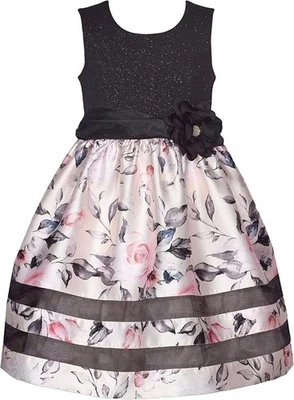 NWT Bonnie Jean Girls 6 Black Sparkle Illusion Stripe Pink Floral Mikado Dress - Image 1 of 2