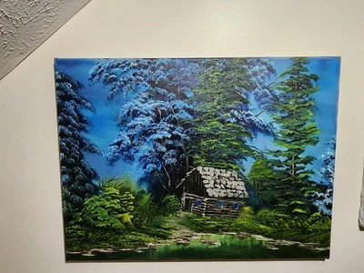 Bob Ross style Oil Painting on Canvas Creekside Cabin 18 X 24 - Image 1 of 4