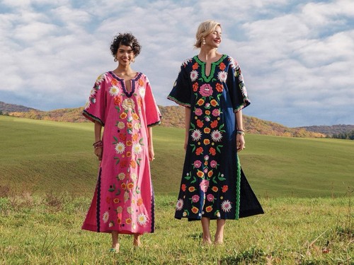 VALENTINO Abito Frances Valentine Caftano Ricamato Rosa Boho Taglia 16 Maxi Cotone