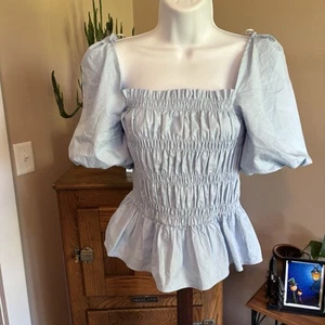 Sugar Lips Women’s S Top Blue Babydoll Puff Sleeve Cropped Smocked Milkmaid - Picture 1 of 9