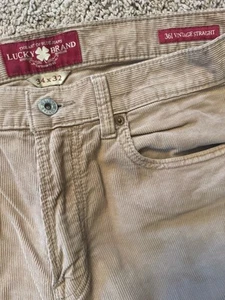 Lucky Brand Jeans Mens 34x32 Khaki 361 Vintage Straight Corduroy 5 Pocket Pants - Picture 1 of 9