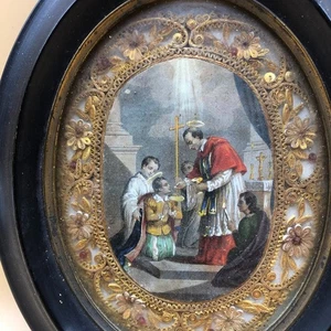 Antique French Religious Oval Souvenir First Communion 1879 Saint Luigi Gonzaga - Picture 1 of 3