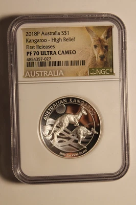 2018 P Australia HIGH RELIEF 1oz Silver Kangaroo $1 Coin NGC PF70 Ultra Cameo - Image 1 of 4