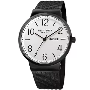 Men's Akribos XXIV AK996BK Date White Black Stainless Steel Mesh Strap Watch - Picture 1 of 4