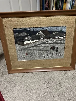 Xilogravura Kiyoshi Saito arando no campo de arroz assinada 1907-1997 - Imagem 1 de 4