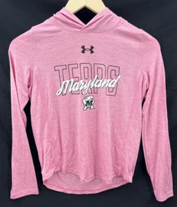 NEW Maryland Terrapins UMD Under Armour UA Pink LS Hooded Shirt Youth Girl's M - Picture 1 of 9
