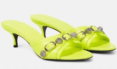 NIB Balenciaga Cagole Studded Buckle Neon Yellow Leather Mule Pumps Sz 36.5 $990 - Image 1 of 4