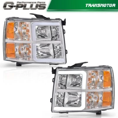 LED Bar Tube Headlights Lamps Chrome Fit For 2007-13 Chevy Silverado 1500 2500HD - Image 1 of 4