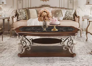 Retro Mid-Century Coffee Table w/Faux Marble Top & Midle Shelf Cocktail Table - Picture 1 of 5
