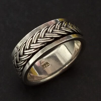 Silver Spinner Ring Braded Band Men's Women Sterling 925 9 Vintage 9mm Wide Gift - Image 1 of 4