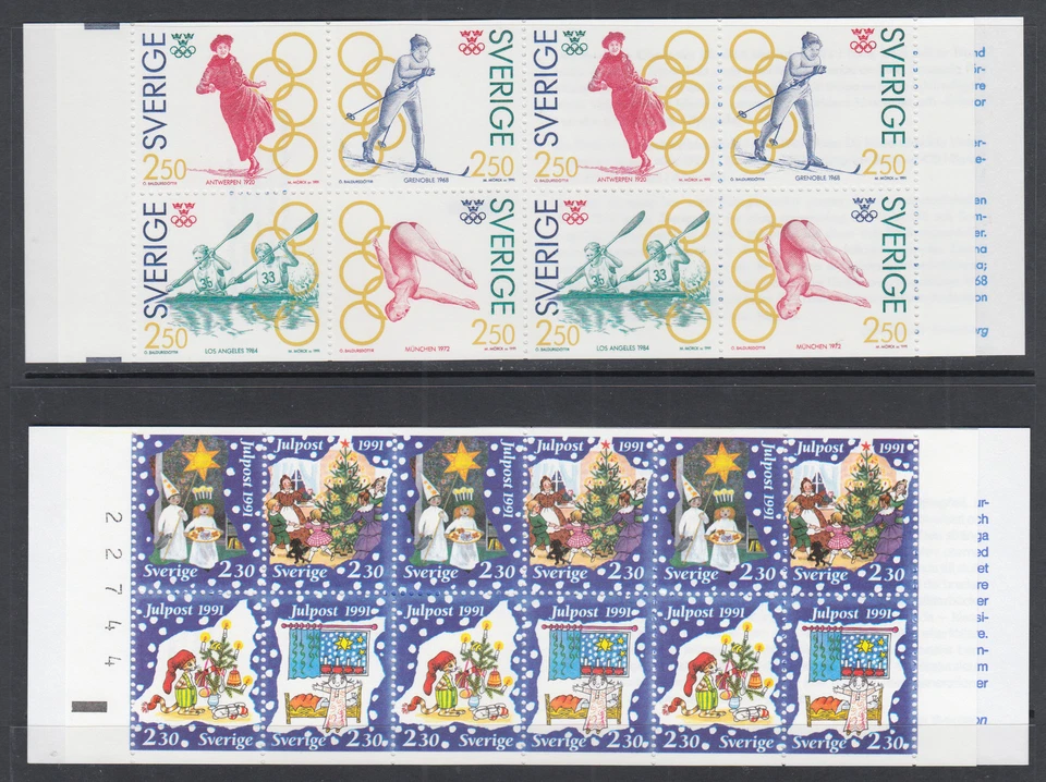 Sweden Sc 1897a, 1913b MNH. 1991 Olympics & Christmas, 2 Intact Booklets, VF - Изображение 1 из 1