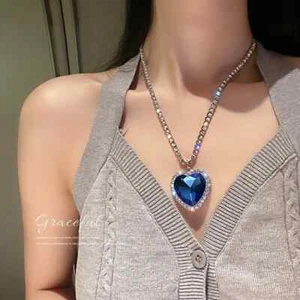 Heart of Ocean Blue Heart Necklaces for Women Rhinestone Crystal Long Chain - Bild 1 von 26