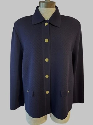 VTG KILKENNY Womens 12 Navy Blue Pure Wool Knit Button Front Blazer Jacket - Image 1 of 4