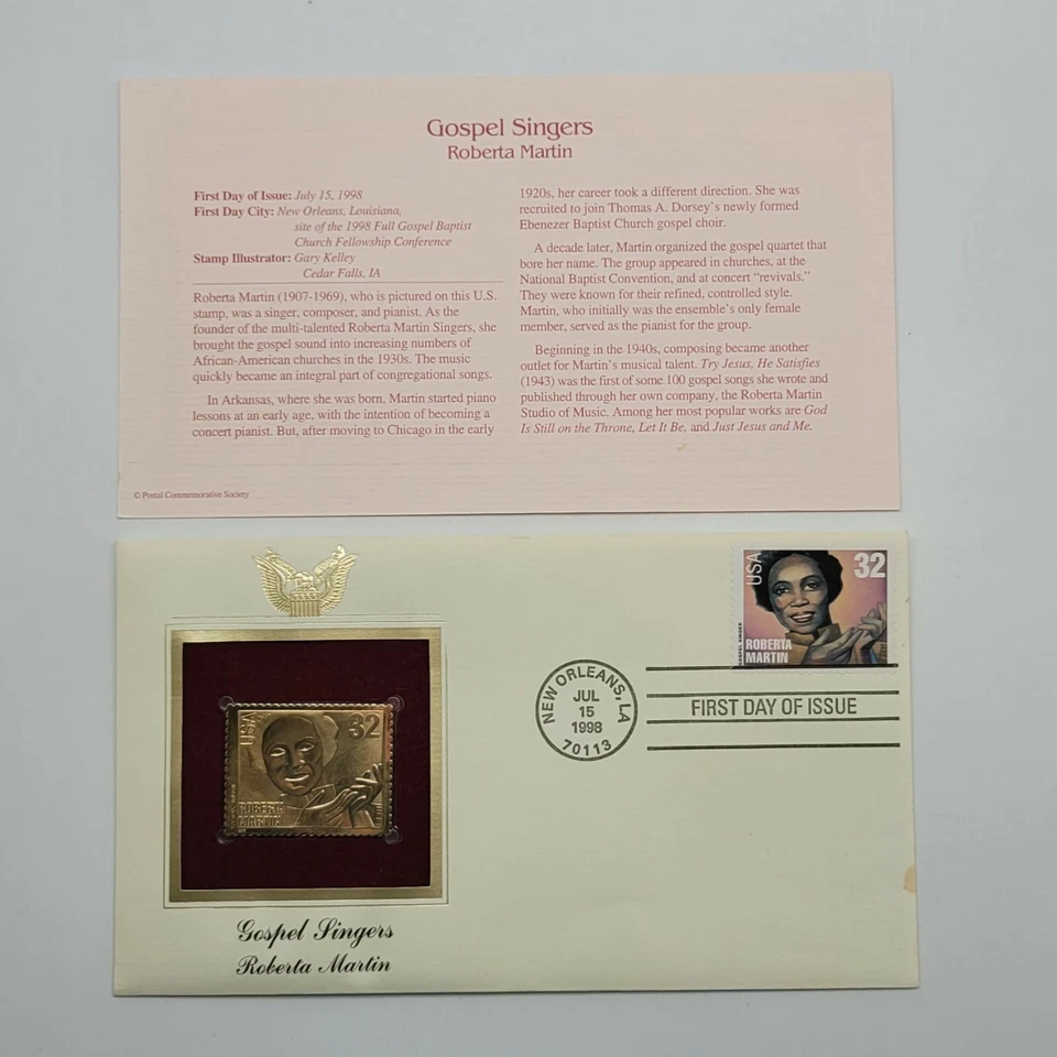 4 Gospel Singers 22kt Gold Stamps First Day of Issue 32 Cent Jul 15, 1998. STP34 - Image 1 of 4