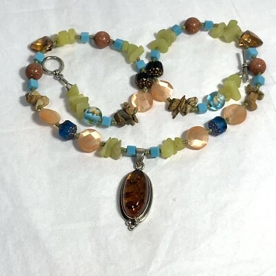 Handcrafted Mixed Glass Stone Bead Necklace Amber Sterling 925 Pendant Boho 18" - Image 1 of 4