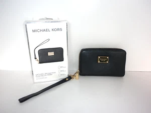 GENUINE MICHAEL KORS ESSENTIAL iPHONE ZIP WALLET CASH CARDS PURSE BLACK SAFFIANO - Picture 1 of 17