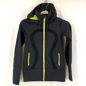 Lululemon Women's Size 6 Scuba Hoodie Jacket Charcoal Neon Green Thumb Loops - Picture 1 of 16