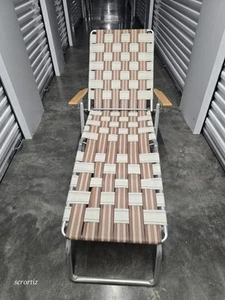 Vintage Aluminum Webbed Chaise Lounge Folding Reclining Lawn Chair Tan And Brown - Picture 1 of 6