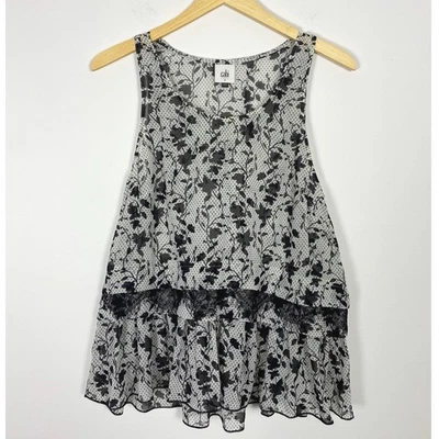 Cabi Black Floral Polka Dot Sleeveless Tiered Ruffle Tank Top Size Small - Image 1 of 4