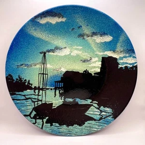 1970 große dekorative Wand Metall Platte Emaille Hafen Landschaft gemarkt Jugoslawien - Bild 1 von 8