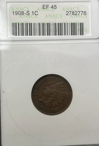 1908-S Indian Head Cent Penny Graded EF XF by ANACS - Even Chocolate Brown Color Cover