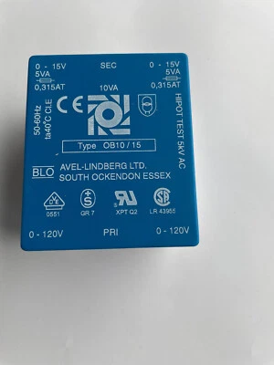 Avel-Lindberg Encapsulated Transformer, 2x 120v (pri) / SEC 2x15v 5VA OB10/15