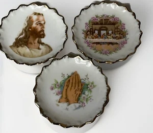 Vintage Miniature Gold Trim Dish Plate Jesus Praying Hands And Last Supper 3pc - Picture 1 of 17