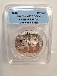 2010 CHINESE PANDA 10 YUAN 1 OZ Silver ANACS MS70 DCAM - Picture 1 of 5