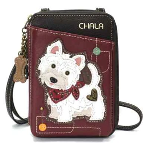 NUEVO CHALA GRANATE BLANCO WESTIE CACHORRO PERRO CREMALLERA BANDOLERA CARTERA IMITACIÓN CUERO - Imagen 1 de 5