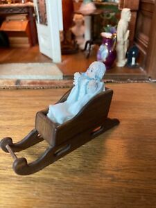 Dollhouse Miniature Baby dressed in Blue in a Wood Sled  1/12