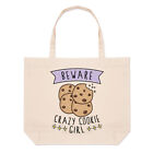 Beware Crazy Cookie Girl Large Beach Tote Bag Joke Daughter Childrens Kids Food