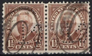 Perfins USA 1930, Sc684 2x 1½c Harding. Used GT - Picture 1 of 3