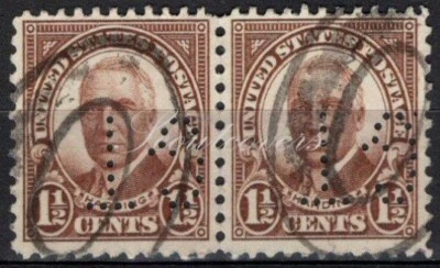Perfins USA 1930, Sc684 2x 1½c Harding. Used GT - Image 1 of 3