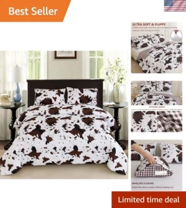 Soft Cow Print Comforter & Geometric Pillowcases - Full Size Bedding Set - Picture 1 of 10