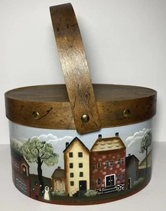 Vintage Folk Basket Purse Red Salt Box House Hand Painted Lid Primitive - Picture 1 of 18