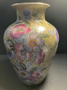 VTG handpainted textured floral porcelain gilded gold rim large decorative vase - Picture 1 of 16