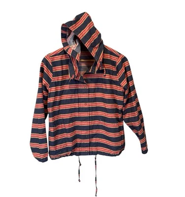 Isaac Mizrahi Live Women Small Barn Jacket Striped Hooded Snap Front Red Blue - Image 1 of 4