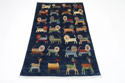 Alfombra oriental tradicional afgana de lana anudada a mano 3 x 5 pies azul león Foto 1 de 4