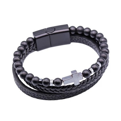 Pulsera de cuero negro y hematita para hombre | Cierre magnético multicapa con cuentas cruzadas Foto 1 de 4