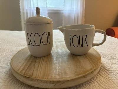 #175. Rae Dunn Pour Creamer and Scoop Sugar Bowl Lid Set Jars White & Black - Image 1 of 4