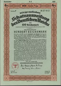 100 Reichsmark 1936 - Serie: F 27913 - Bono de préstamo con águila - Esvástica - K99 - Imagen 1 de 6