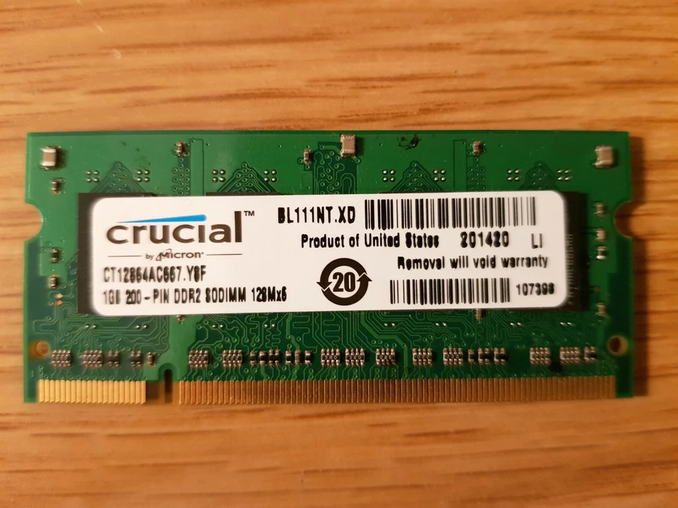 Laptop Memory RAM Module Crucial 1GB CT12864AC667.Y8F 667MHz PC2-5300s DDR2 USA - Image 1 of 1