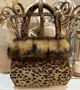 Leopard Print Small Purse  Top Zipper Close Faux Fur Trim - Picture 1 of 6